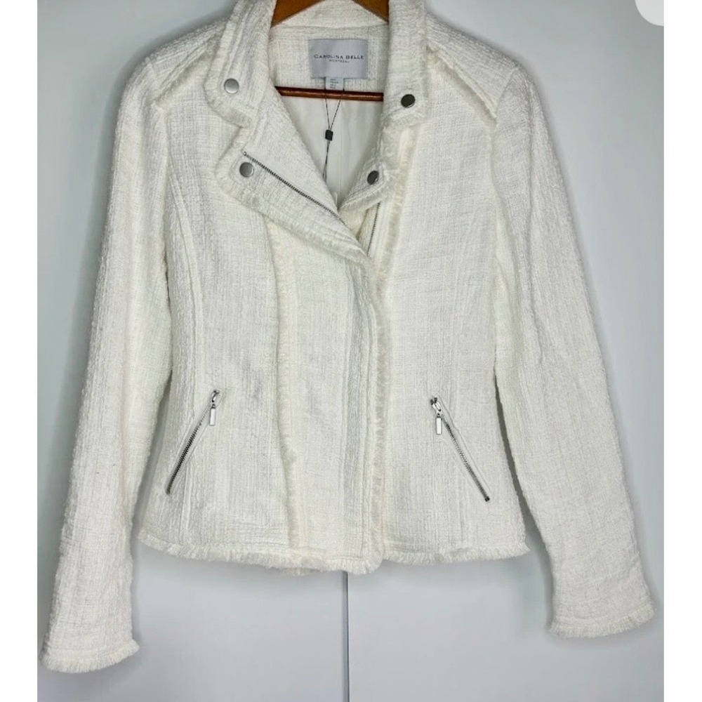 Carolina Belle Montreal White Tweed Moto Jacket Fringe Trim Cotton V1413L‎ small